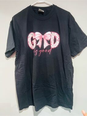 Women "God is Good" Graphic Tee - Black & Pink, Size:L